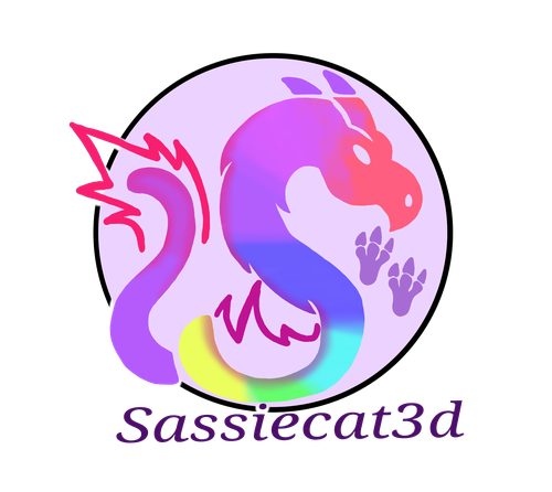 Det oprindelige Sassiecat3d-logo: en farverig drage formet som et S i en cirkel med sort kant og navnet i kursiv under