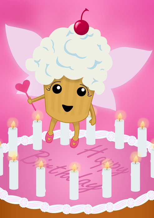 Go-Card med Cupcakefeen, en personificeret cupcake med vinger, ovenpå en fødselsdagskage