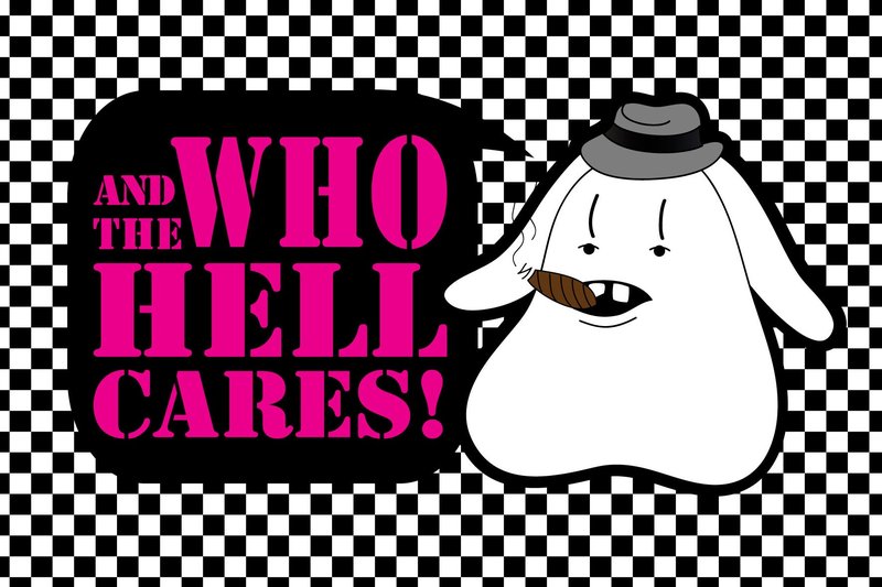 Go-Card med en hvid figur i hat, der ryger cigar, ved siden af teksten 'And the who hell cares!'