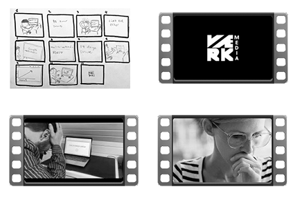Håndtegnet storyboard og tre stillbilleder fra reklamefilmene: VÆRK Media-logoet, en person ved en computer og en eftertænksom kvinde
