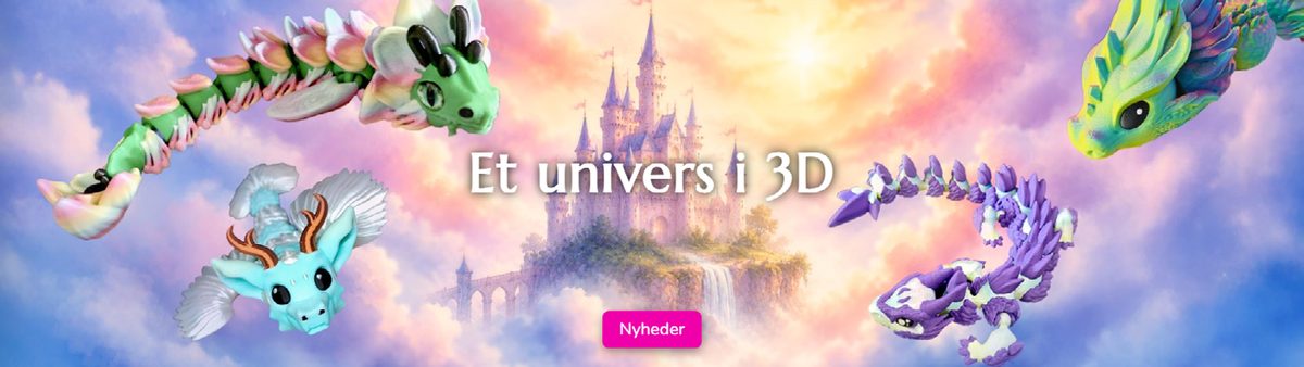 Hero-banner med teksten Et univers i 3D, 3D-printede drager foran et eventyrslot og en pink knap med teksten Nyheder