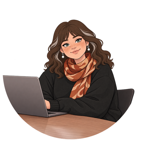 Illustration af Sandra, der sidder ved sin computer og smiler