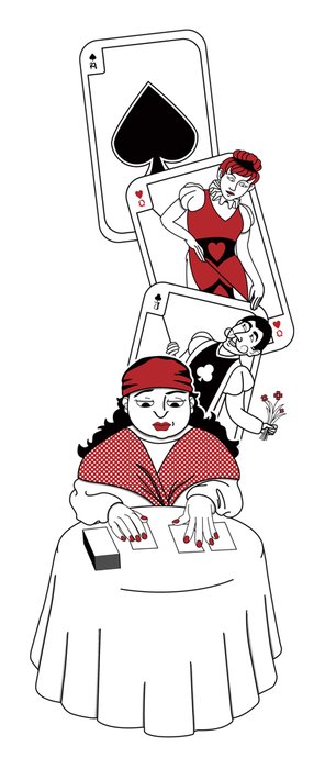 Illustration til en sang om en spåkone, der lægger kort