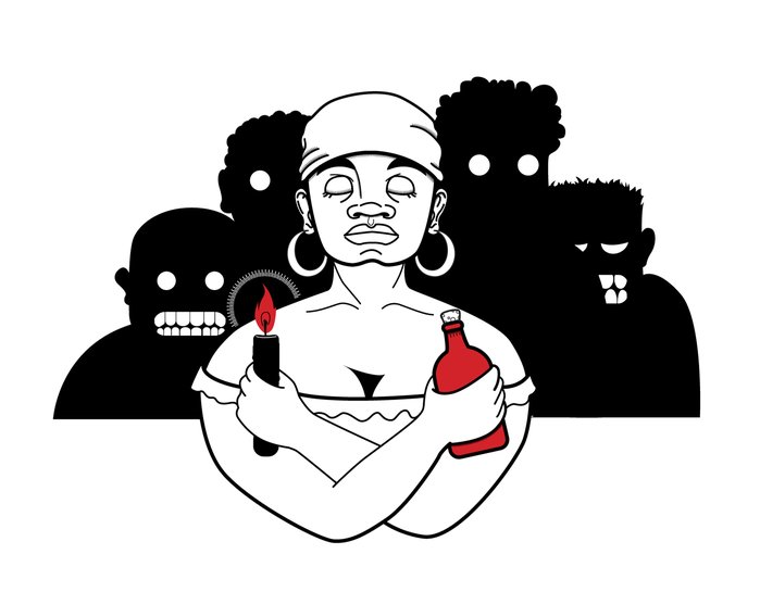 Illustration til en sang om voodoo, med en kvinde der holder et lys og en flaske, omgivet af mørke skikkelser