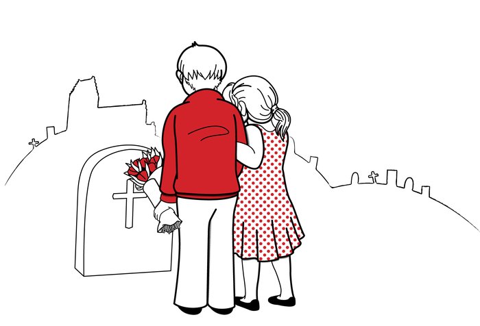 Illustration til sangen “Hvorfor er stjernerne kolde” – to børn lægger blomster ved en gravsten