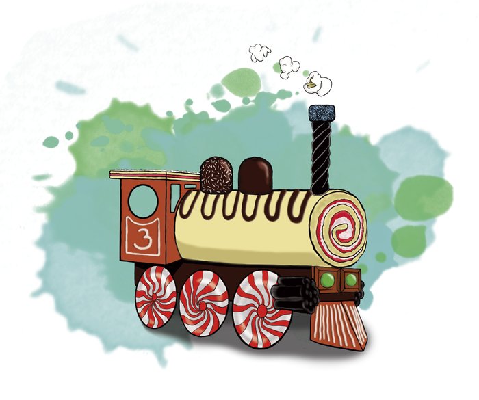Illustration til sangen “Slik Ekspressen” – et lokomotiv lavet af slik