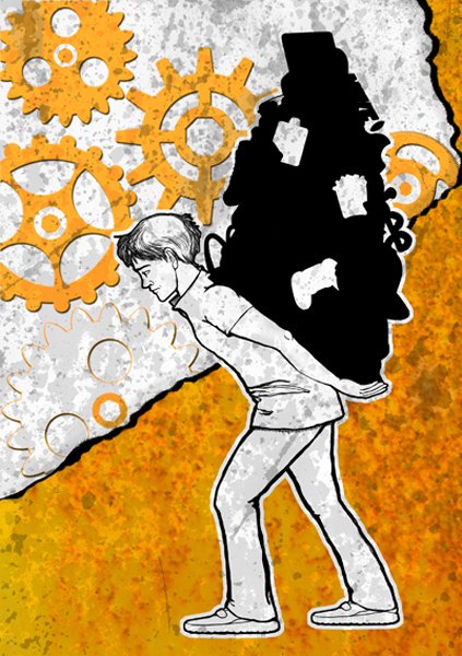 Illustration til temaet Grådighed – en mand bærer en tung, sort sæk fyldt med ting på ryggen