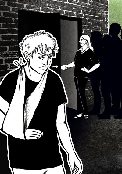 Illustration til temaet Individualisme – en ung mand med armen i slynge vender ryggen til et fællesskab i baggrunden