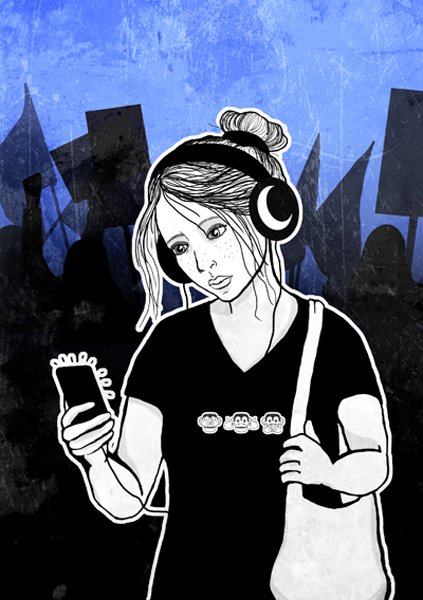Illustration til temaet Ligegyldighed – en ung kvinde med hovedtelefoner kigger på sin telefon, ligeglad med demonstranter i baggrunden