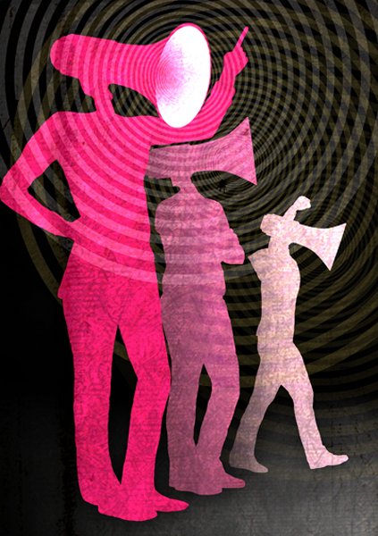 Illustration til temaet Ytringsfrihed – tre silhuetter der råber i megafoner