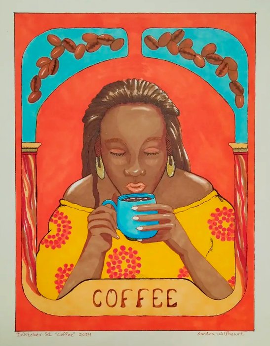 Inktober-illustration “Coffee” – en kvinde der nyder en kop kaffe, tegnet i blæk og alcohol markers
