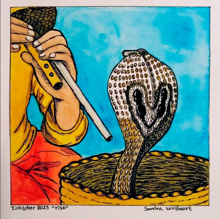 Inktober-illustration “Rise” – en slangetæmmer og en kongekobra, tegnet i blæk og akvarel
