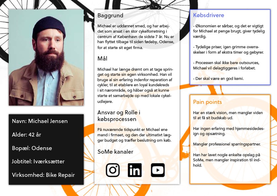 Persona-ark for Michael Jensen, 42 år, iværksætter og indehaver af Bike Repair i Odense, med baggrund, mål, købsdrivere og pain points