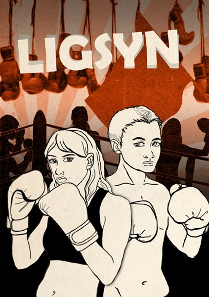Plakat for teaterstykket LIGSYN med to boksere