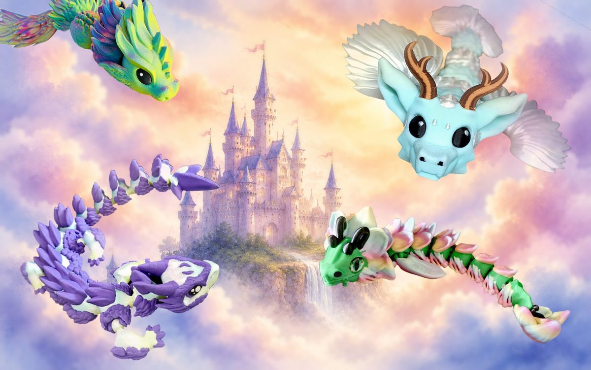 Sassiecat3ds 3D-printede drager, der svæver omkring et eventyrslot i pastelfarvede skyer