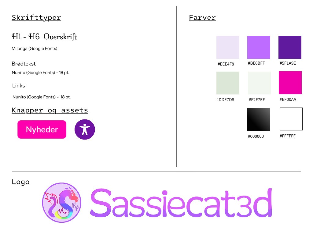 Styletile for Sassiecat3d med skrifttyperne Milonga og Nunito, otte farver i lilla, pink, grøn, sort og hvid, en pink knap, et tilgængelighedsikon og logoet