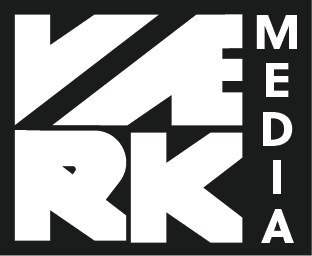 VÆRK Media-logoet i kvadratisk udgave, hvidt på sort