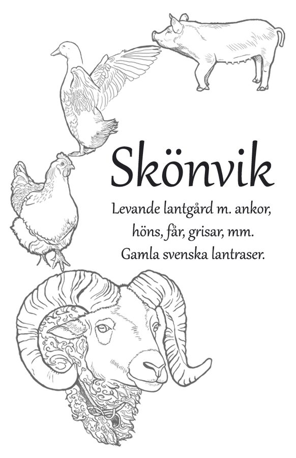 Visitkort for Skönvik med håndtegnede illustrationer af en and, en høne, en gris og en vædder