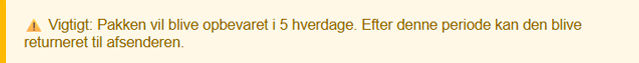 advarsel - pakken sendes tilbage inden for 5 hverdage